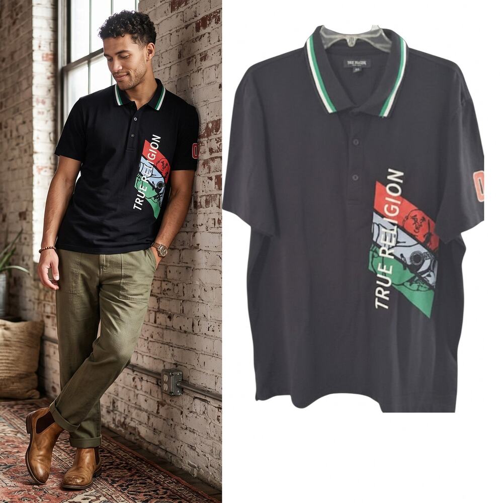 True Religion Polo Shirt Men's Size L Black Short Sleeve Collared Polo